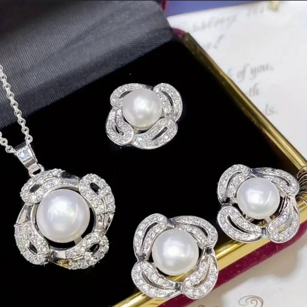 Gorgeous Faux White stud pearl pendant earring ring set.